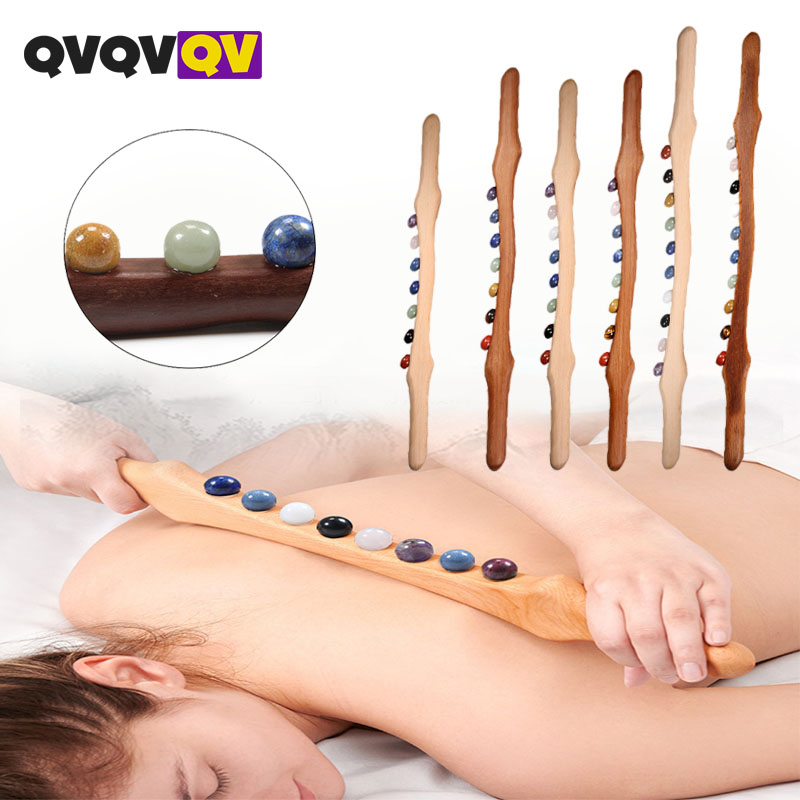 Jade Gua Sha Tool - Wood Massage Stick 10 Jade Stone